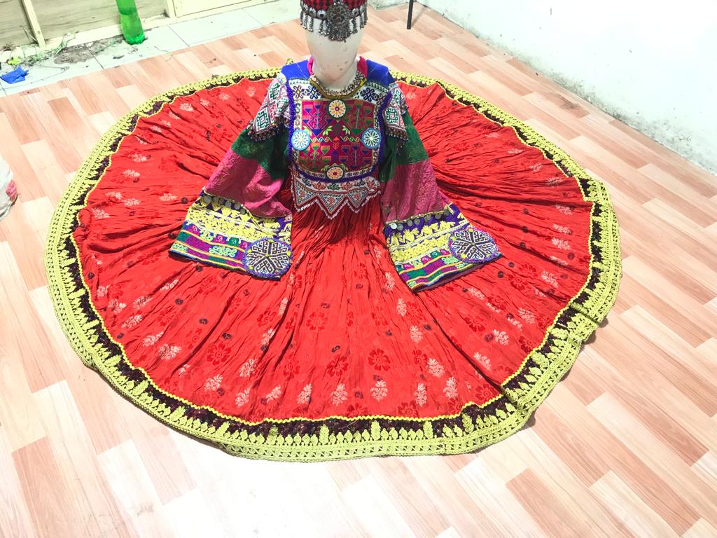 Afghan Kuchi Red Brocade Circular Dress Gold Border - original photo