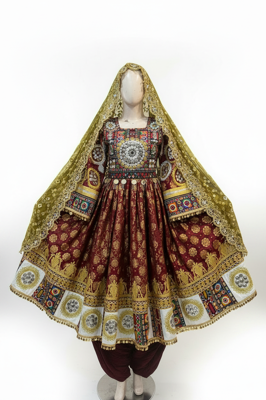 Afghan bridal dress maroon gold studio left angle