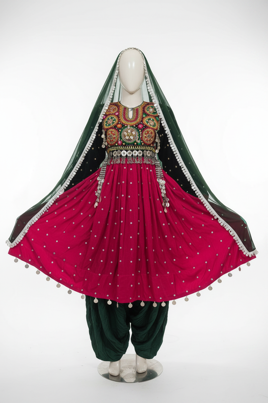 Afghan bridal dress crimson green studio left angle