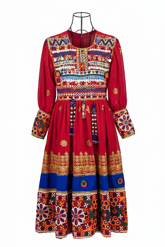 Luxury Afghan Traditional Dress - Red, white studio background