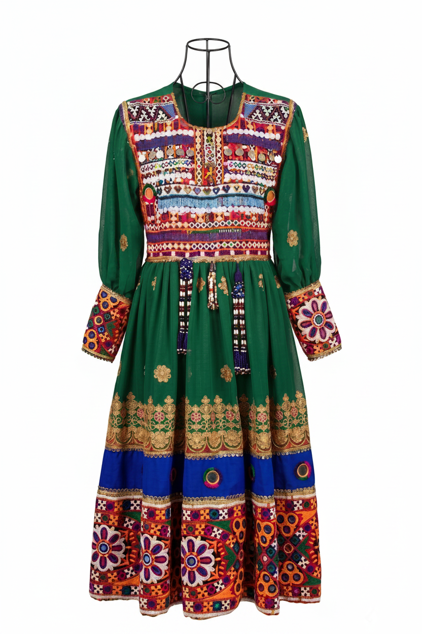 Luxury Afghan Traditional Dress - Green, white studio background