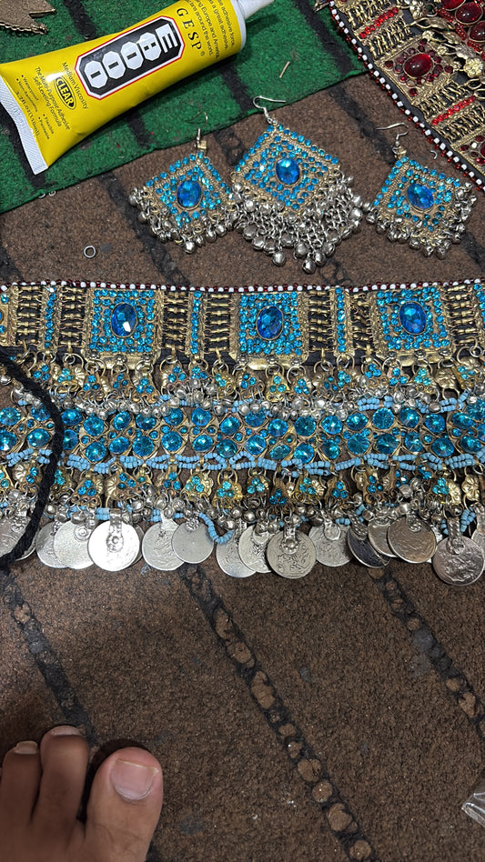 Afghan Blue Gemstone Choker & Earrings Set