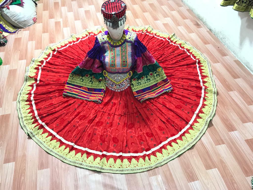 Afghan Kuchi Red Brocade Circular Dress Yellow-Green Border - original photo