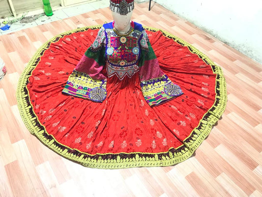 Afghan Kuchi Red Brocade Circular Dress Gold Border - original photo