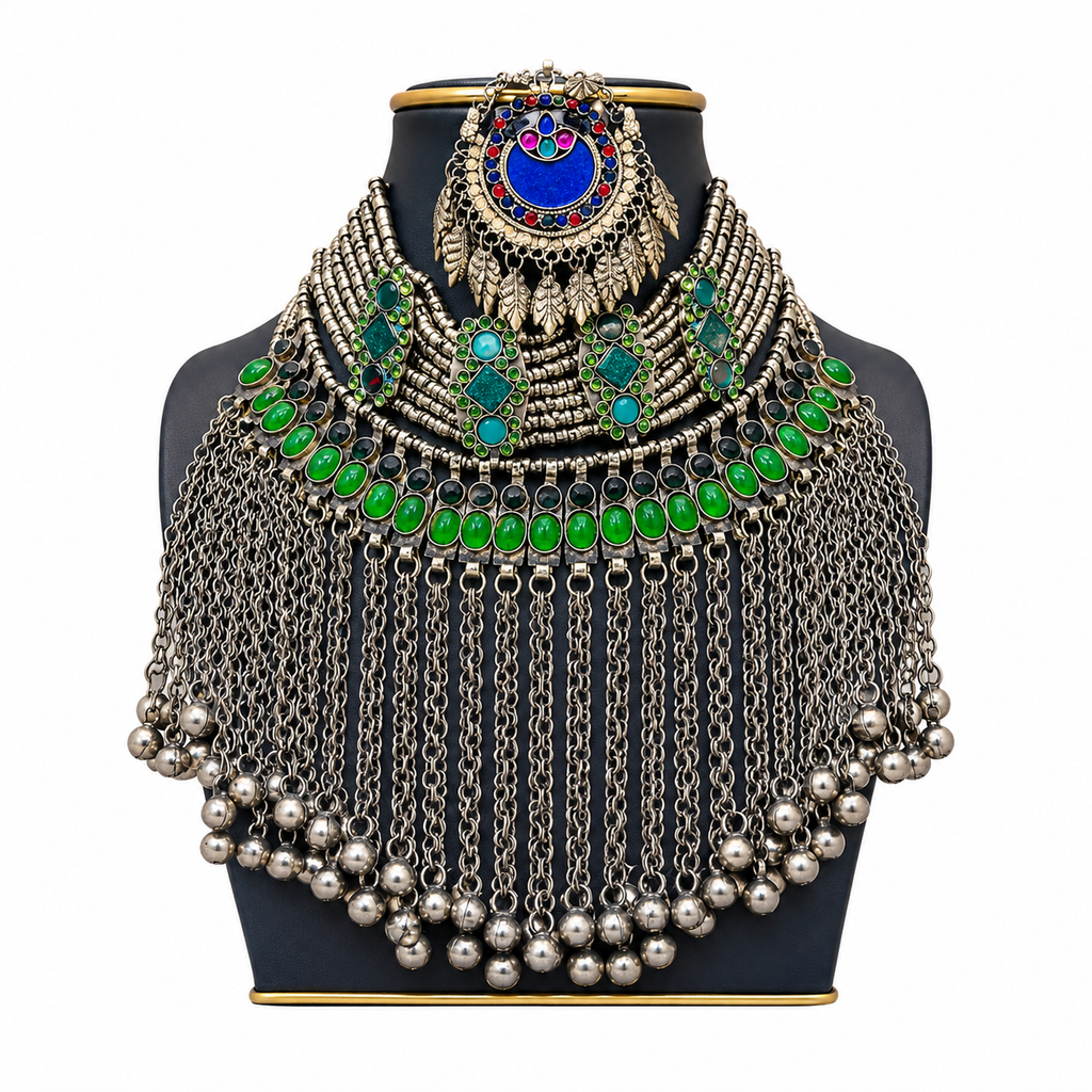 Traditional Afghan Tribal Statement Necklace – Green Stone Handmade Jewelry