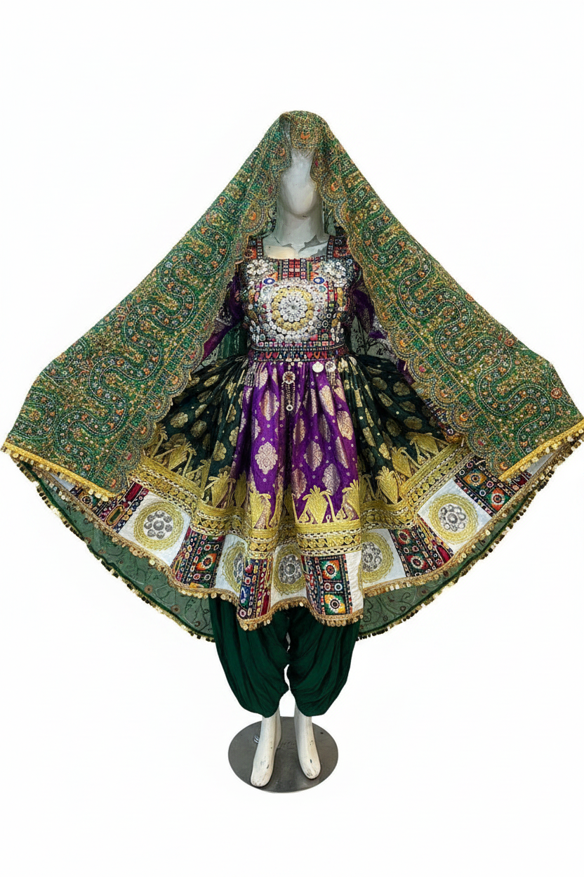 Afghan Dress – Purple & Green Front View