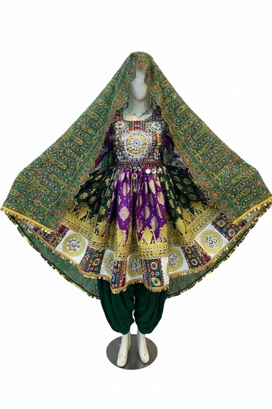 Afghan Dress – Purple & Green Front View