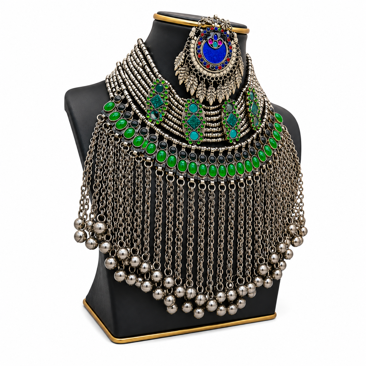Traditional Afghan Tribal Statement Necklace – Green Stone Handmade Jewelry