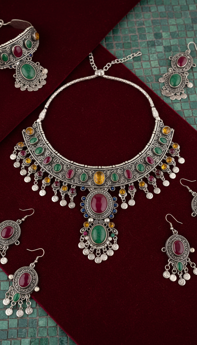 Kuchi choker necklace with gemstones