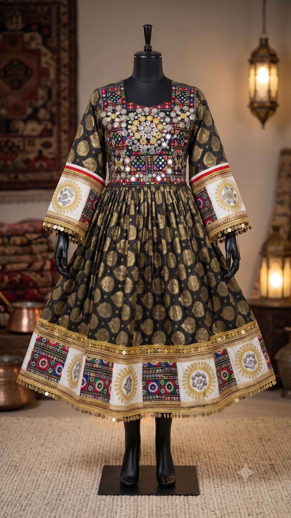Traditional Afghan Black & Gold Embroidered Dress with Mirror Work