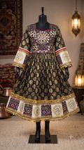 Traditional Afghan Black & Gold Embroidered Dress with Mirror Work