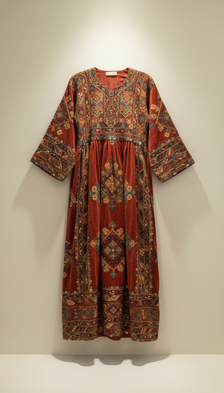 Embroidered velvet Afghan dress, antique