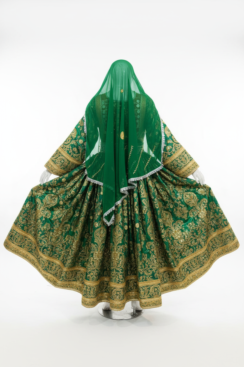 Afghan Emerald Green Kuchi Dress - Back Studio View