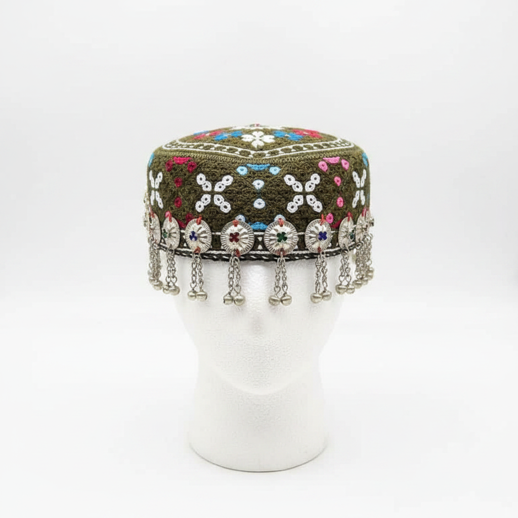 Afghani Olive Green Floral Cap - Front Studio