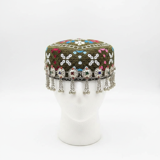 Afghani Olive Green Floral Cap - Front Studio