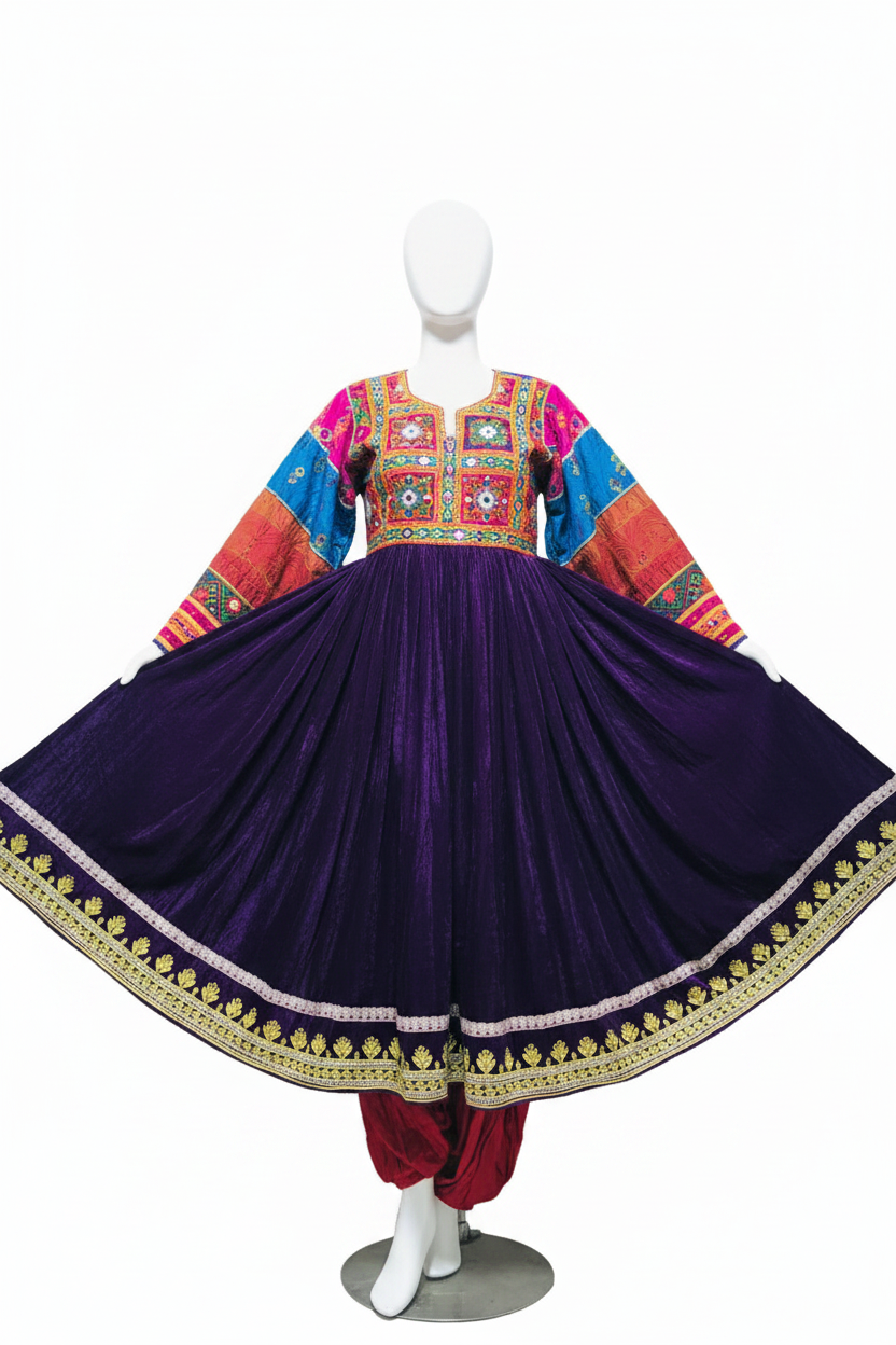 Afghan Kuchi Deep Purple Velvet Dress - studio white background