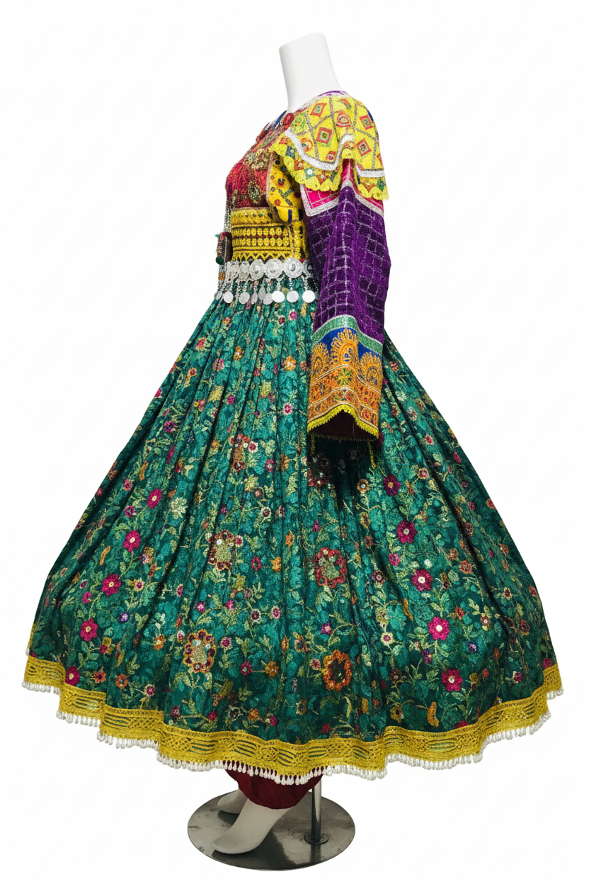 Afghan Kuchi Teal Brocade Dress - Side studio view