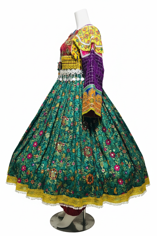 Afghan Kuchi Teal Brocade Dress - Side studio view