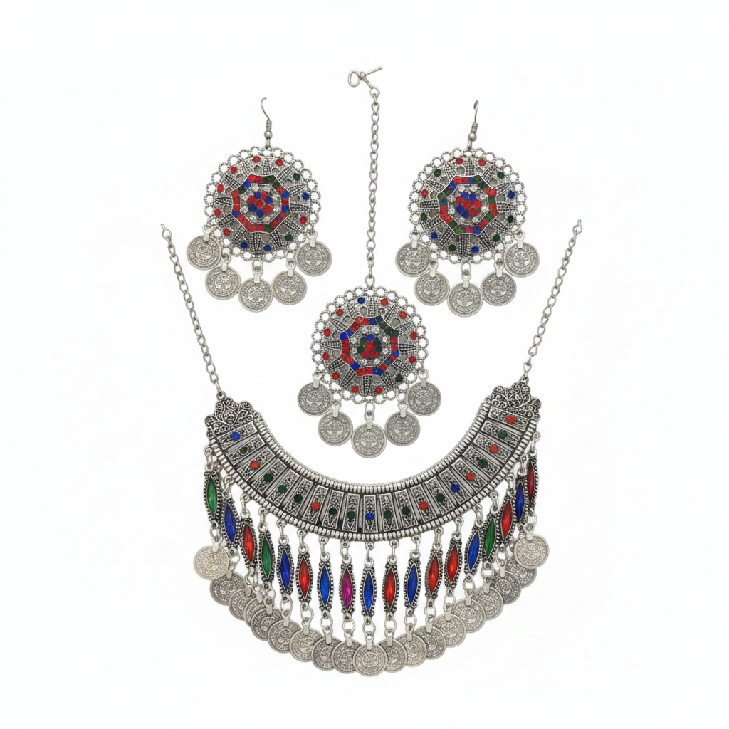 Afghan silver jewelry set – original colors white background