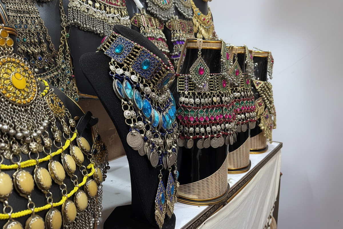 Afghan tribal jewelry collection – side angle grey background