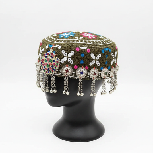 Afghani Olive Green Floral Cap - Side Studio