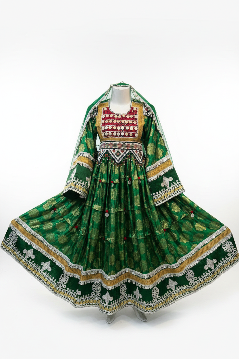 Afghan Emerald Green Kuchi Dress - Front Studio View