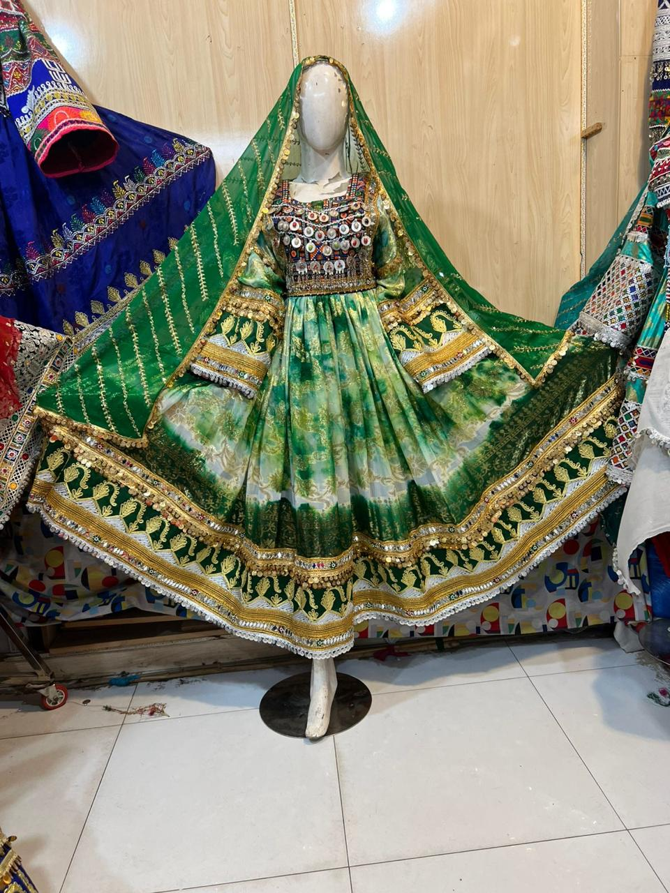 Afghan Multi-Tone Green Kuchi Dress - Original Photo