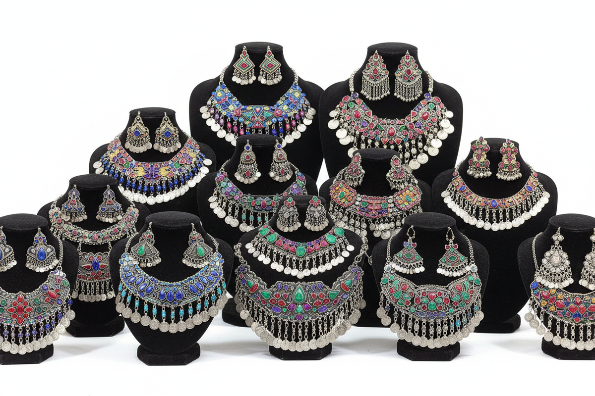 Afghan tribal jewelry collection – front view white background