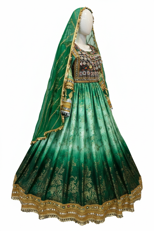 Afghan Multi-Tone Green Kuchi Dress - Side Studio View