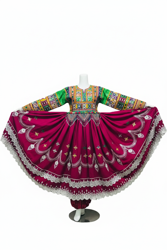 Afghan Kuchi Magenta Flared Dress - Front studio view