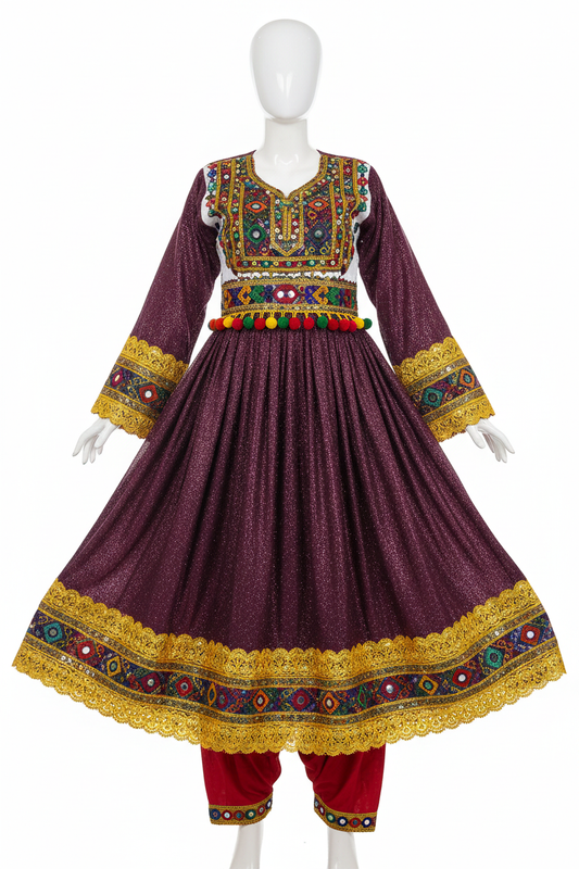 Afghan Kuchi Dark Plum Sparkle Dress - studio white background
