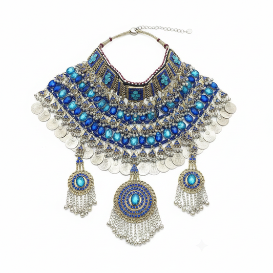 Afghan Bridal Choker – Blue Teal on White Background
