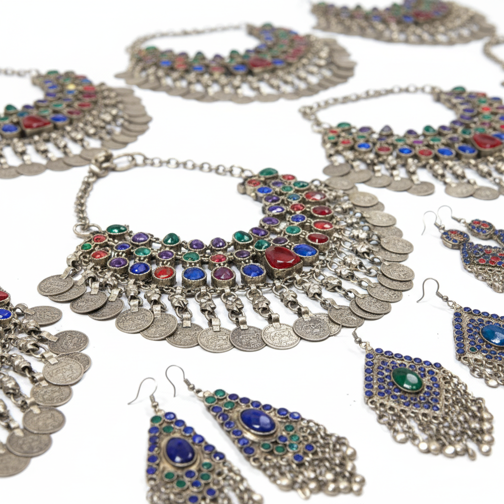 Afghan tribal jewelry collection – close-up detail shot