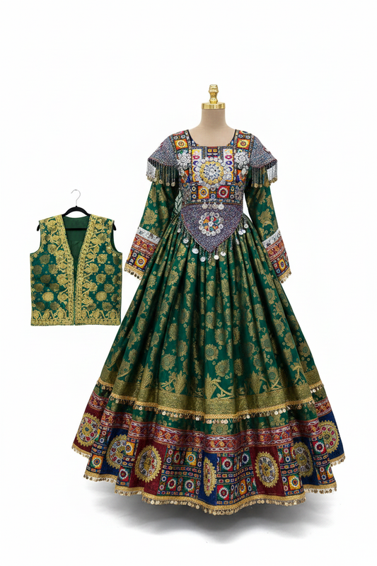 Afghan Kuchi Bridal Dress with Waskat in green gold brocade