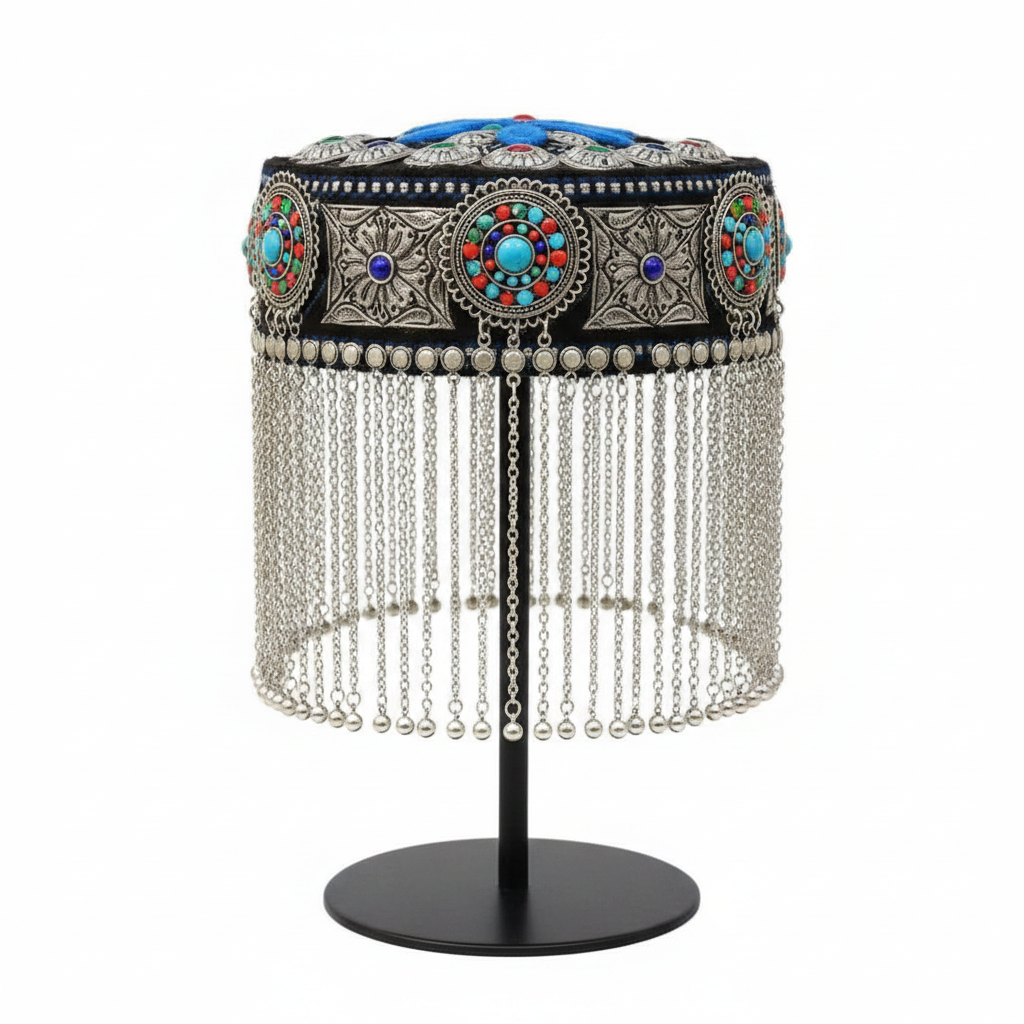 Afghani Metallic Cap - Black with Silver Chains Front