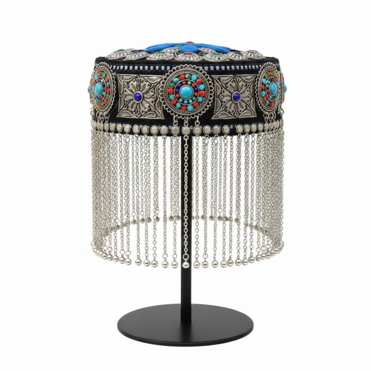 Afghani Metallic Cap - Black with Silver Chains Front