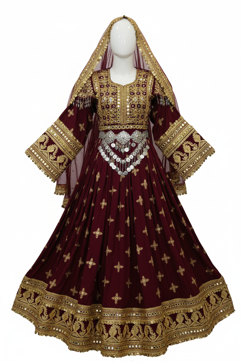 Afghan Kochi bridal dress - maroon burgundy studio