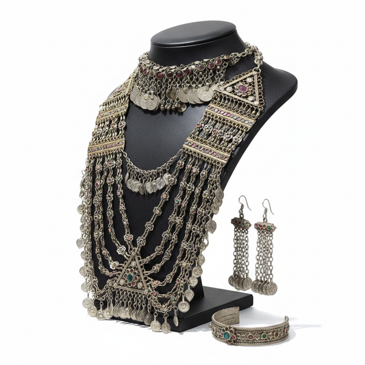 Afghan silver coin chain necklace - side angle studio