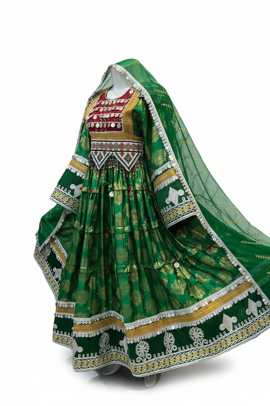 Afghan Emerald Green Kuchi Dress - Side Studio View