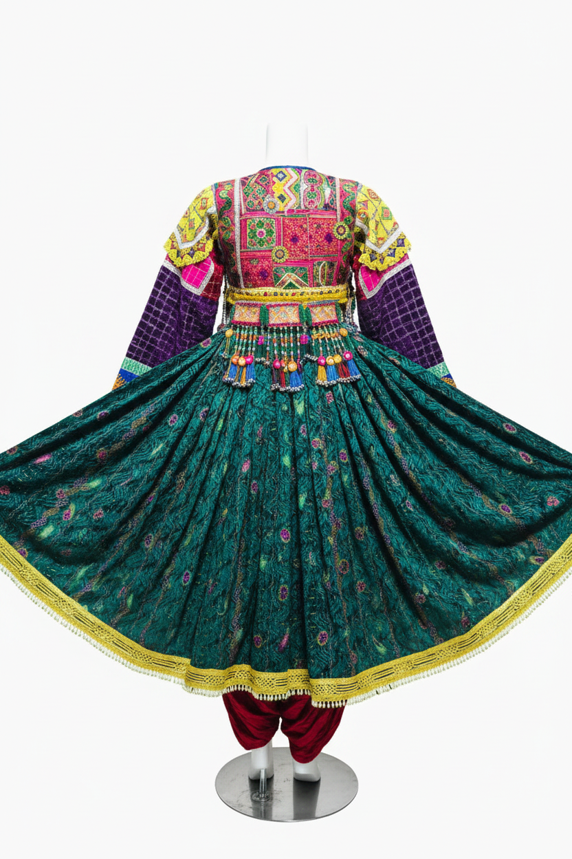 Afghan Kuchi Teal Brocade Dress - Back studio view