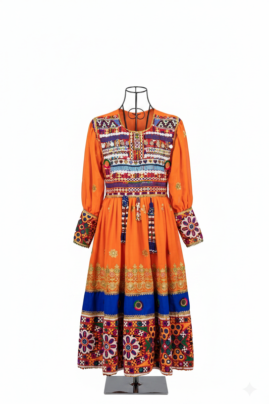 Luxury Afghan Traditional Dress - Orange, white studio background