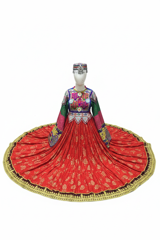 Afghan Kuchi Red Brocade Circular Dress Gold Border - studio white background