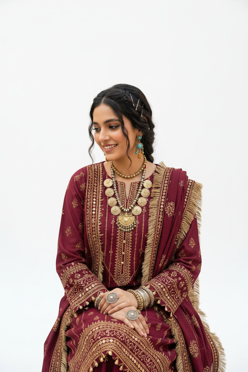 Afghan bridal dress – model studio shot white background