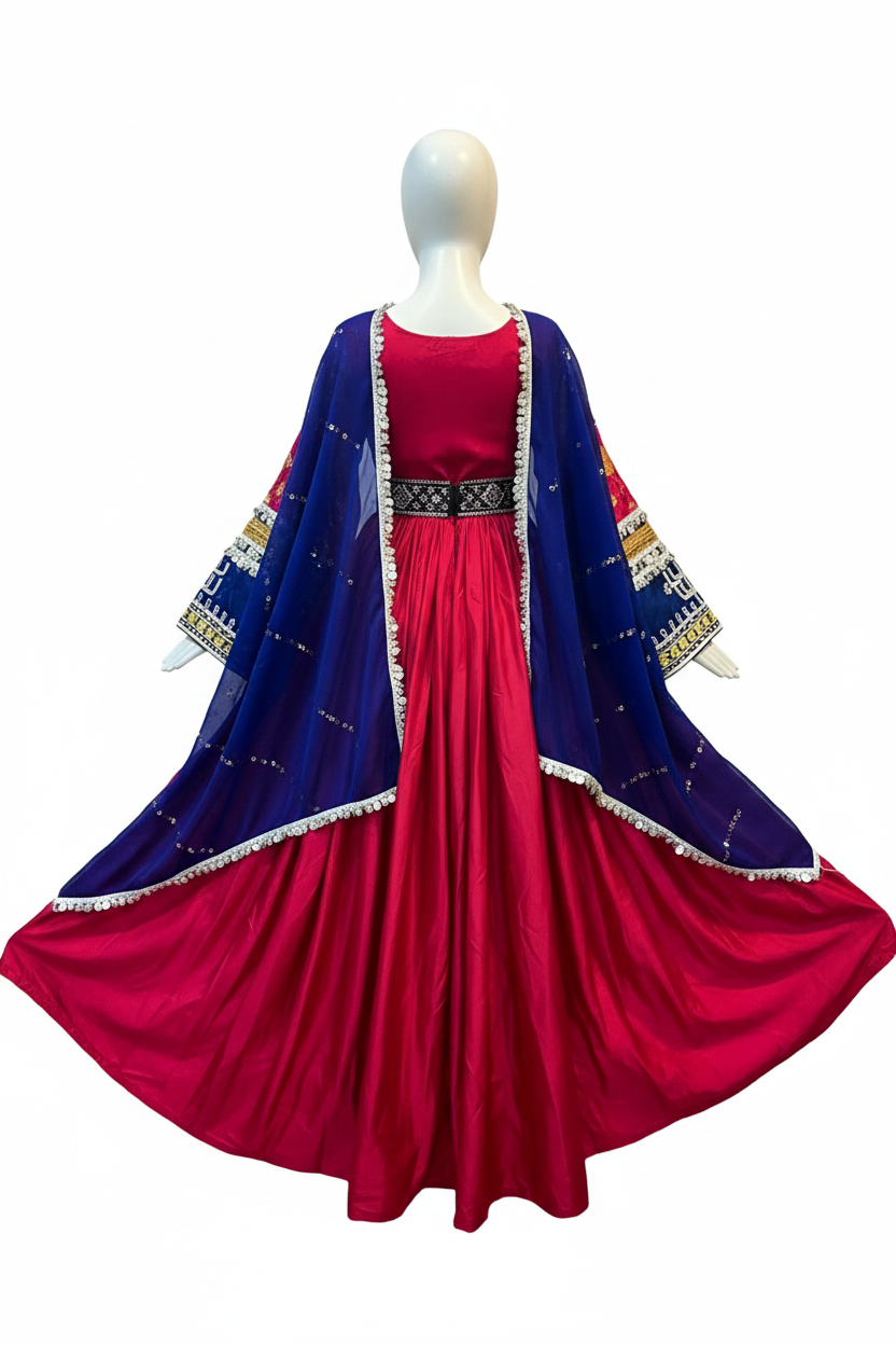 Red Afghan Kuchi Dress - Back Studio View