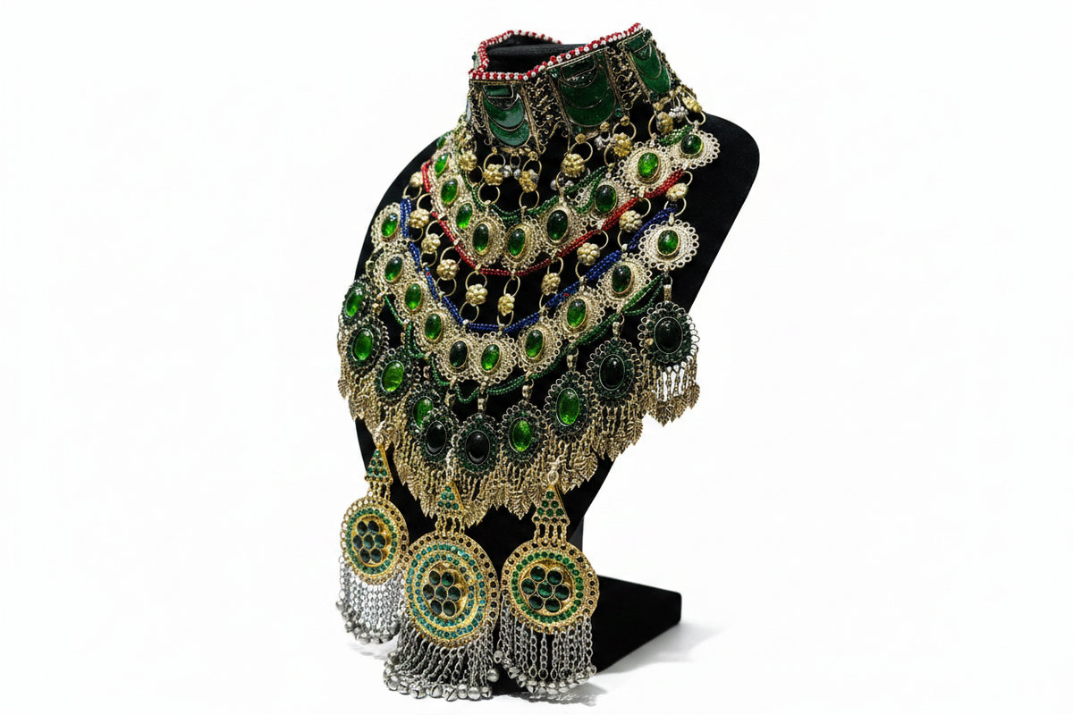 Afghan Emerald Green Jewelry Set – studio three-quarter angle