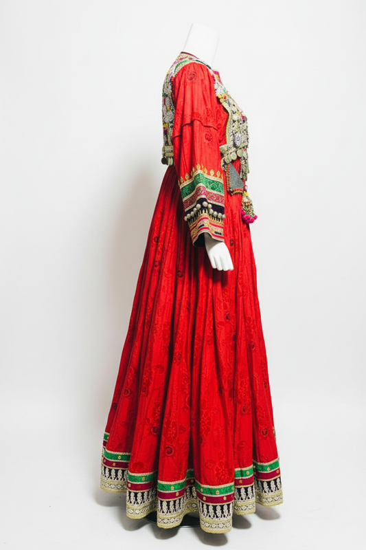 Afghan Kuchi Red Flared Dress - Side studio view
