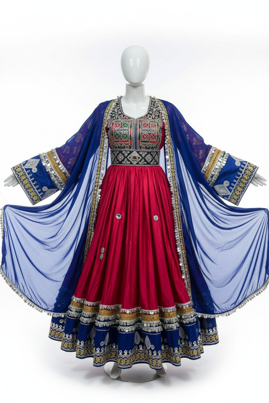 Red Afghan Kuchi Dress - Front Studio View