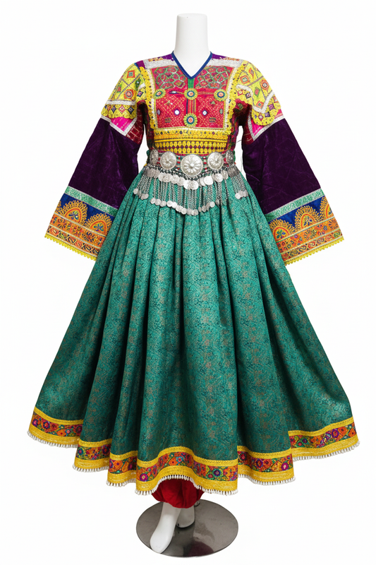 Afghan Kuchi Teal Brocade Dress - Front studio view