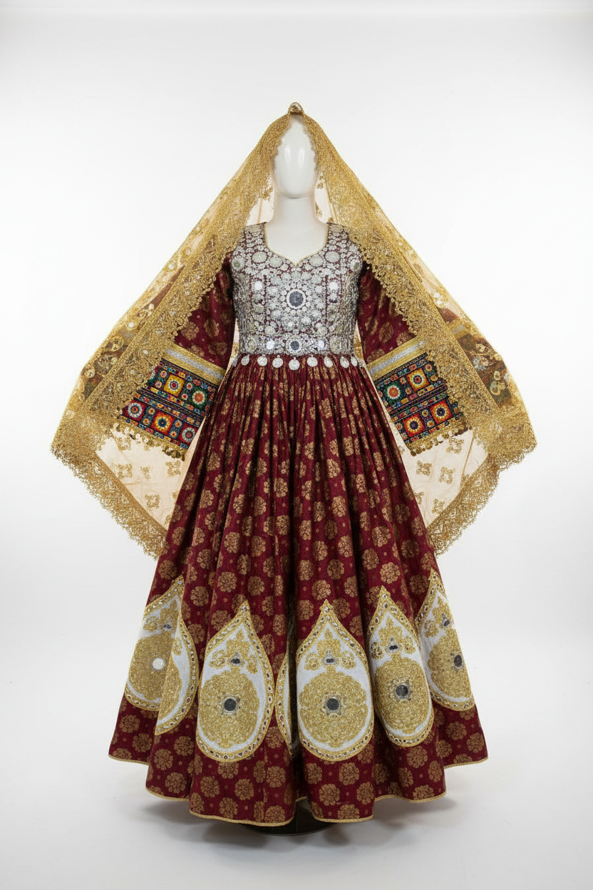 Afghan bridal dress burgundy gold studio front view
