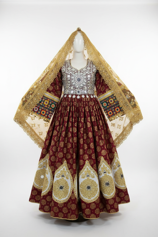 Afghan bridal dress burgundy gold studio front view